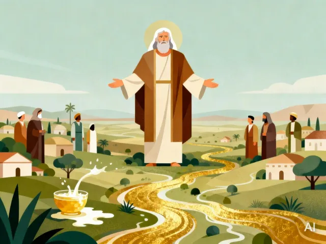 Illustration of Abraham overlooking the cities and people in the land of milk and honey, representing the promise to be father of many nations