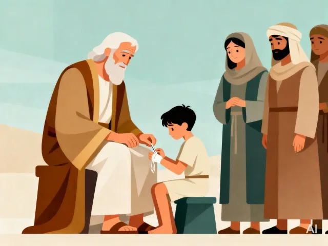 Illustration of Abraham bandaging a little boy, representing circumcision, and people overlooking them,with Abraham at 99 years old and Ishmael at 13 years old