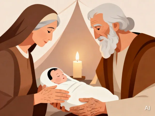 Illustration of Abraham and Sarah holding baby Isaac, with Abraham looking on peacefully in a tent, representing the miraculous birth when Sarah was 90 and Abraham was 100 years old