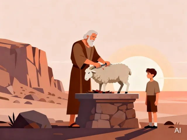 Illustration of Abraham on Mount Moriah with a ram on the altar and Isaac watching from the sideline