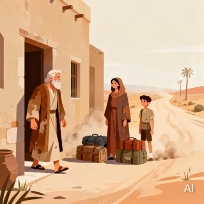 Illustration of Abraham, Sarah, and Lot departing from their homeland, carrying their possessions, following God's call to leave