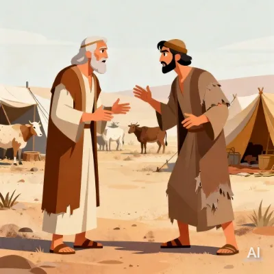 Illustration of Abraham and Lot arguing over the land, with herds of cattle and tents in the background