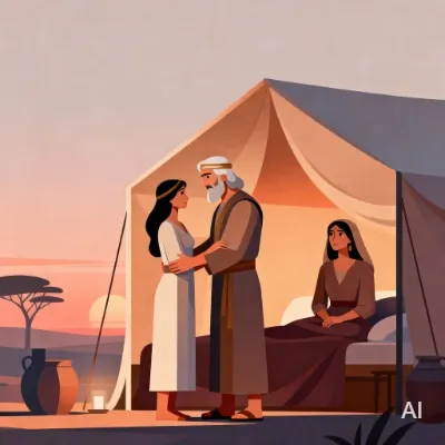 Illustration of Abraham and Hagar holding hands, and Sarah sitting quietly in a tent in the background