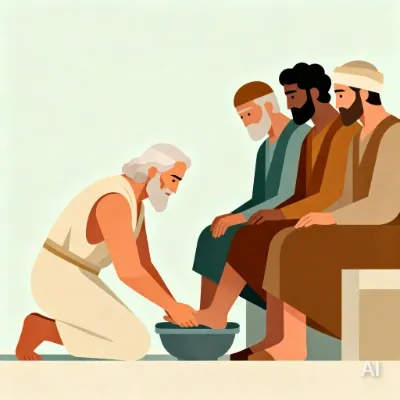 Illustration of three angelic visitors seated with Abraham washing their feet, representing the promise of Isaac's birth