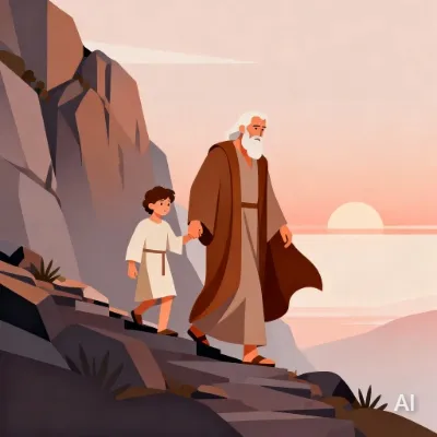 Illustration of Abraham walking with little Isaac on Mount Moriah,