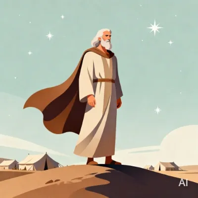 Illustration of Abraham looking like a heroic figure with stars shining around him and tents in the background