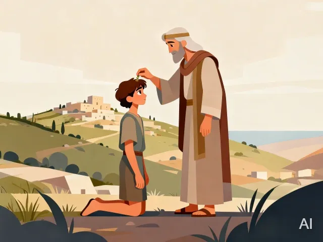 Illustration of Samuel anointing David as king, with Samuel pouring oil on David's head