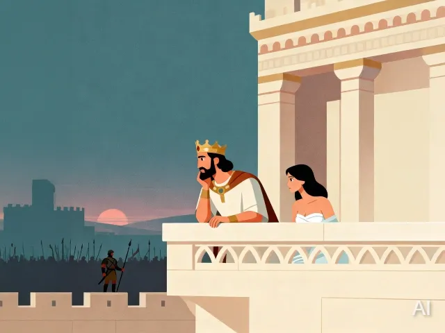 Illustration of King David and Bathsheba looking over at the war and Uriah from his palace pondering