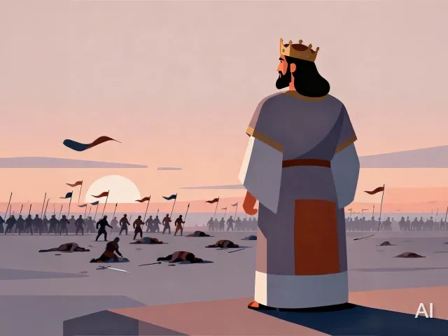 Illustration of King David looking over a war field, and people holding up flags as a sign of victory and peace