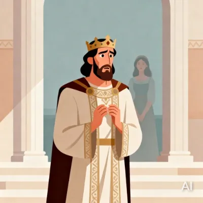 Illustration of King David in the palace looking nervous, Bathsheba standing in the background faded, representing the moment of temptation