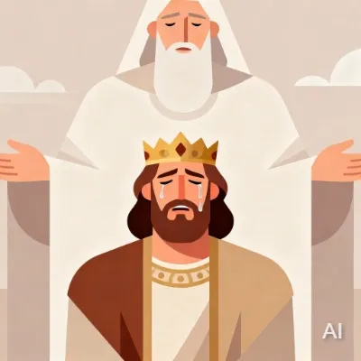 Illustration of King David crying and kneeling in repentance, God personified as a white man standing above him