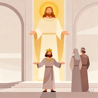 Illustration of King David talking to people with God personified behind him