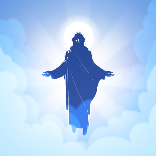 Illustration of God personified as a man hovering in the heavens with white light from behind