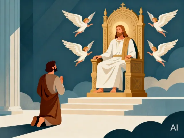 Illustration of Isaiah's vision of the Lord seated on a throne in glory, with seraphim with wings hovering around