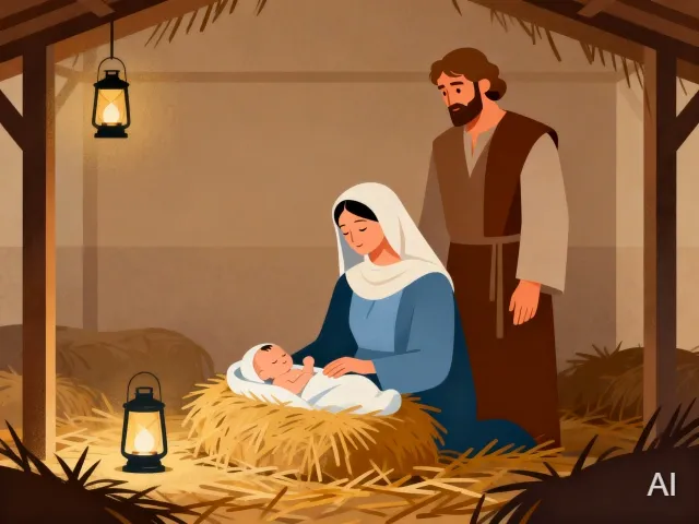 Illustration of Joseph and Mary looking at baby Jesus in a manger
