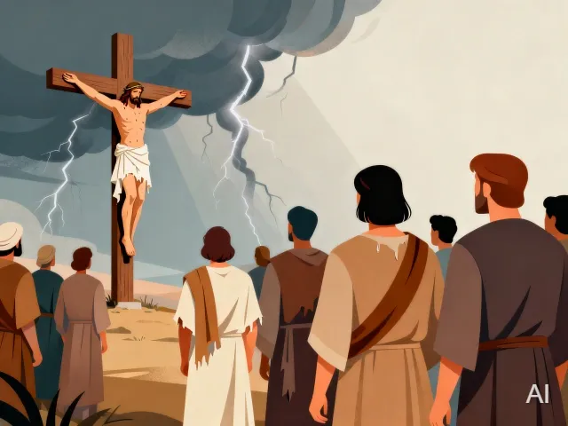 Illustration of the Messiah being crucified on a cross while people are watching