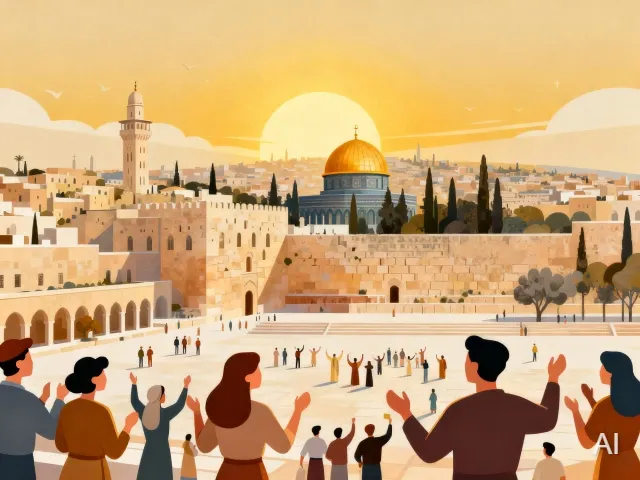 Illustration of the new heaven and new earth, with the new Jerusalem as a delight, a beautiful city with celebrating people