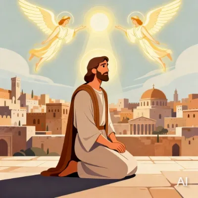 Illustration of Isaiah the prophet on his knees in Jerusalem, with visions coming to him illustrated with a light coming from above