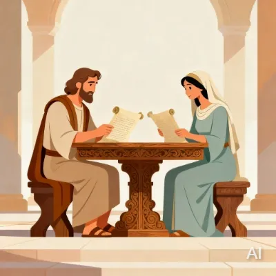 Illustration of Isaiah with his wife the prophetess reading from a scroll, in ancient Jerusalem