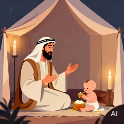 Illustration of Isaiah describing the humble birth of the Messiah, portrayed as Isaiah sitting and a baby eating curds and honey in a tent