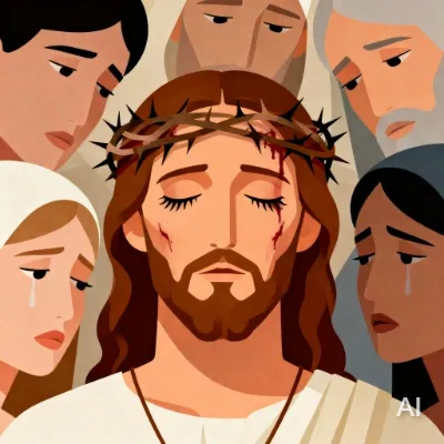Illustration of Jesus with a crown of thorns on his head, surrounded by people weeping