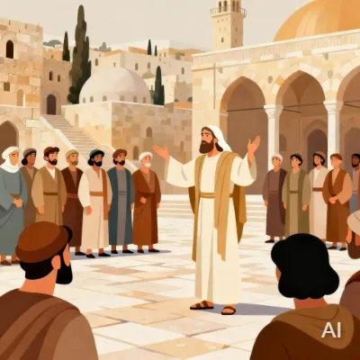 Illustration of Isaiah speaking to a crowd in an outdoor space in a city