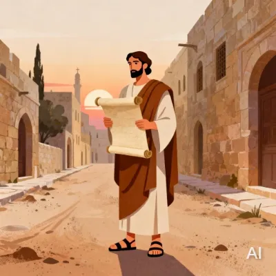 Illustration of Isaiah as a faithful prophet, with a scroll in his hand while the sun sets behind him