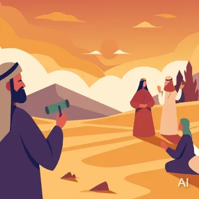 Moses observing from a distance as groups of Israelites talk and complain among themselves in the desert camp, showing the leadership challenges he faced with a rebellious people.