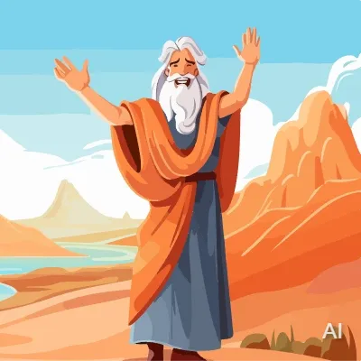 An aged Moses with flowing white beard standing on Mount Nebo, looking peacefully toward the Promised Land across the Jordan River valley, knowing his earthly journey is complete.