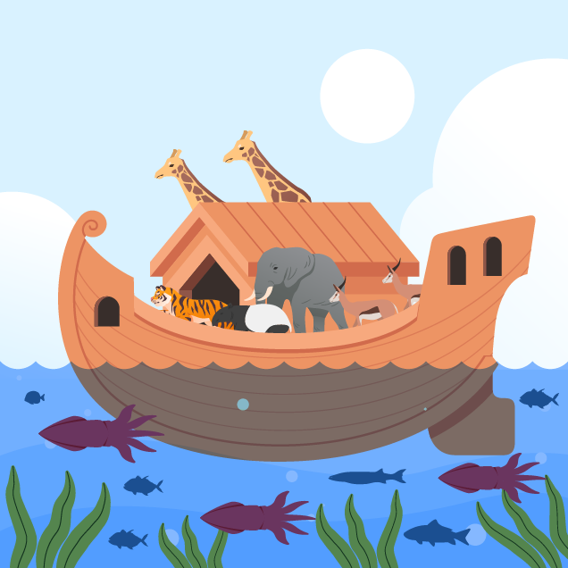 Illustration of the ark on the sea with many animals aboard and fish swimming underneath