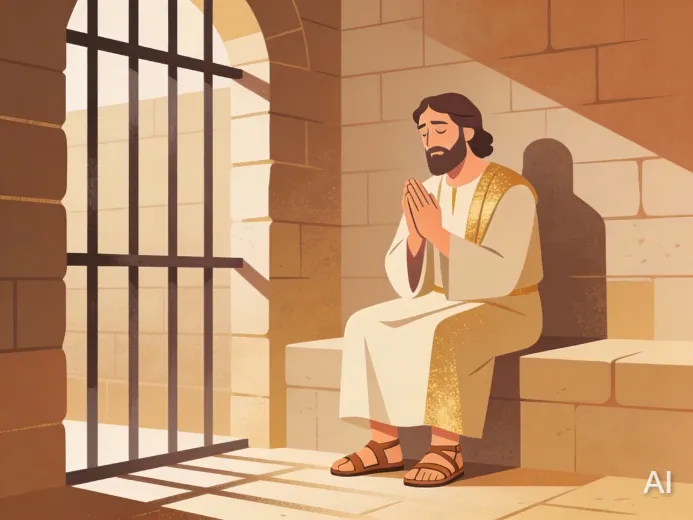 Illustration of Paul in Roman prison, sitting silently and praying with his eyes closed