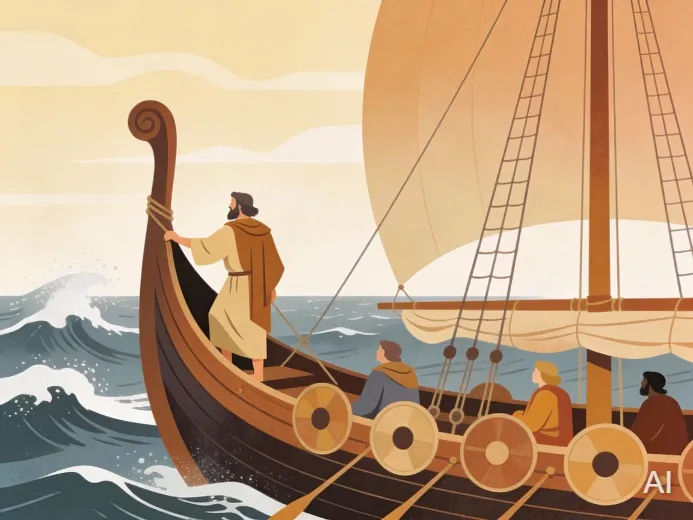 Illustration of Paul on a ship during a storm at sea, with waves crashing