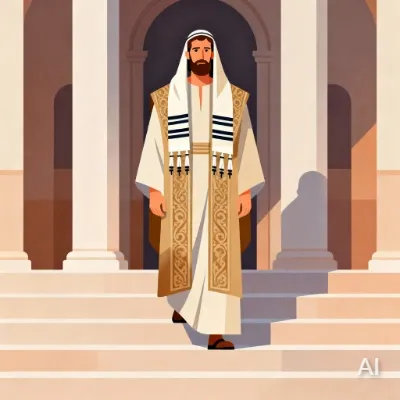 Illustration of Saul the Persecutor, a confident Pharisee in robes walking out of a temple