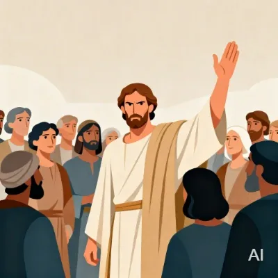 Illustration of Saul with an angry expression, holding his hand up in authority while surrounded by a group of people