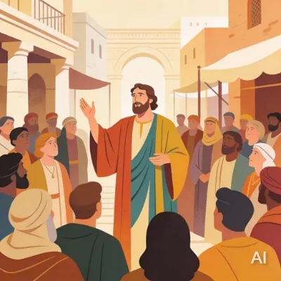 Illustration of Paul speaking to a crowd in a city