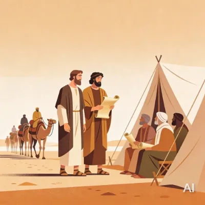 Illustration of Paul traveling around on plains to preach the gospel, with people in tents listening intently