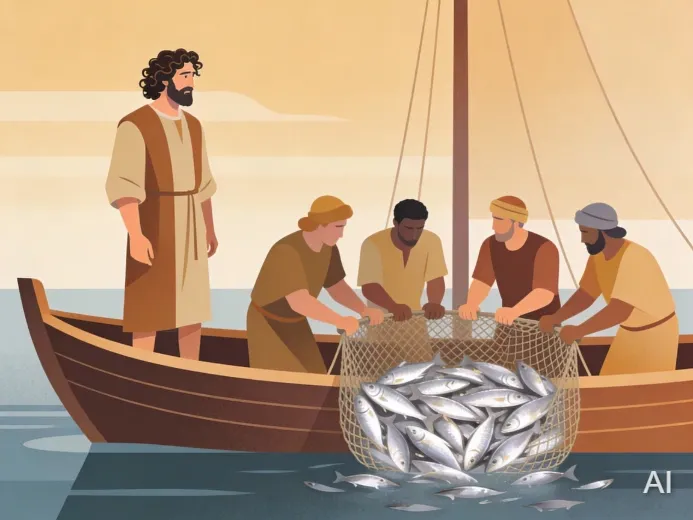 Illustration of Peter and his partners catching a lot of fish after Jesus told them to cast their net into the sea again
