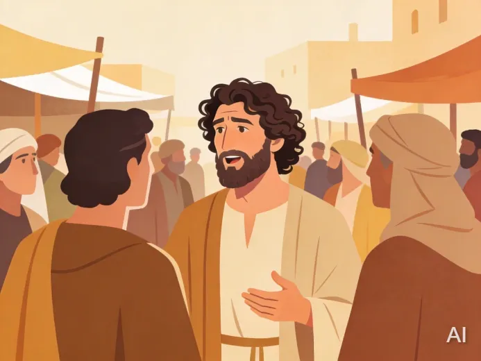Illustration of Peter preaching at Pentecost, and people listening intently