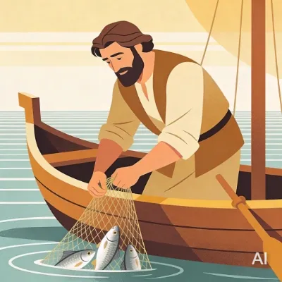 Illustration of Peter as a fisherman, casting his net into the sea