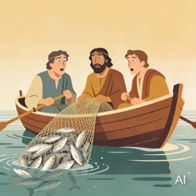 Illustration of Peter and his partners catching a lot of fish after Jesus told them to cast their net into the sea again