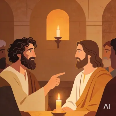 Illustration of Peter boldly confessing that Jesus is the Messiah, the Son of the living God, pointing at Jesus