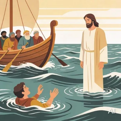 Illustration of Peter trying to walk on water like Jesus, but sinking when the wind blows
