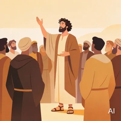 Illustration of Peter preaching at Pentecost to thousands of people converting to Christianity