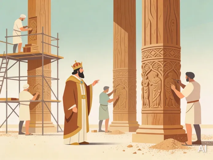 Illustration of the construction of the temple in Jerusalem, with skilled workers carving wood and Solomon overseeing the process