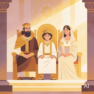 Illustration of Solomon as the son of King David and Queen Bathsheba, them sitting on each their throne
