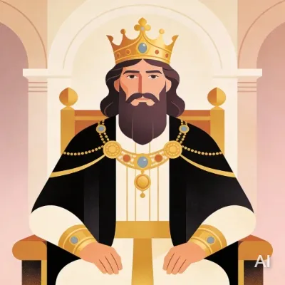 Illustration of Solomon sitting on his throne with plenty of jewelry and a crown on his head