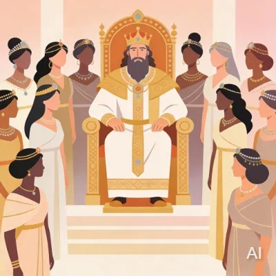 Illustration of Solomon sitting on his throne being surrounded by many wives and concubines from foreign nations