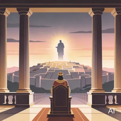 Illustration of Solomon sitting lonely on his throne looking up at God personified leaving Israel at a long distance